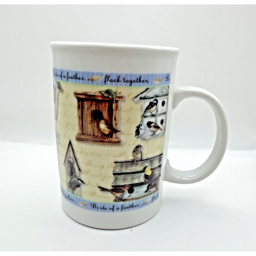 Birds of a Feather Flock Together Coffee Mug with Images of Birds and Birdhouses